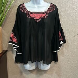 #431 Ketz-ke black sheer, embroidered short bell sleeve blouse size 14 large